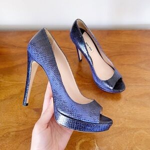 Miu Miu • blue python snakeskin pumps peep toe heels leather platform stiletto